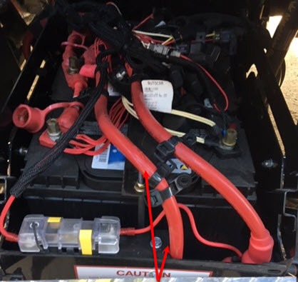 Figure 1 Incorrect routing. Battery cables are rubbing on bolts and the fuse box bracket.